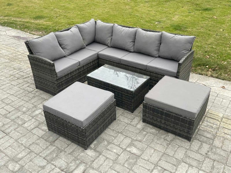 Fimous 8 Seater Rattan Lounge Corner Sofa Set Wicker PE Outdoor Garden Furniture Set with Coffee Table 2 Big Fotstools Dark Grey Mixed
