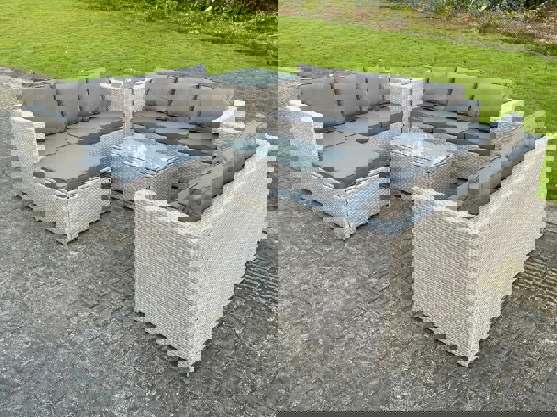 Fimous 10 Seat Light Grey Lounge Outdoor PE Rattan Garden Furniture Set Wicker Sofa Set Oblong Coffee Table Side Table Footstool