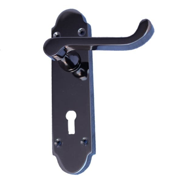 EDH Door Hardware Black Nickel Epsom Victorian Scroll on Shaped Back Plate Lock Door Handle 1 Pair