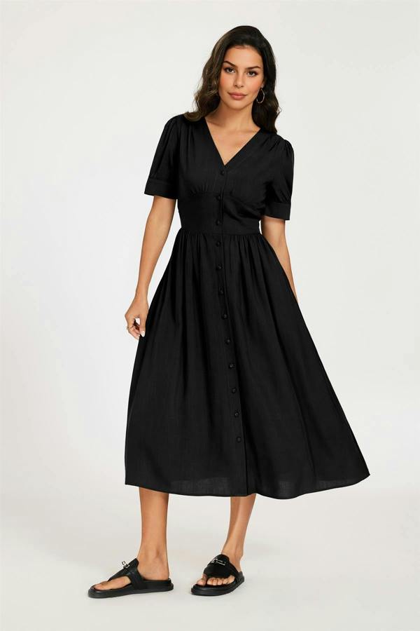 FS Collection Button Front Short Sleeve Midi Dress In Black