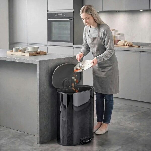50L Kitchen Pedal Bin, Rubbish Bin with Soft-Close and Stay-Open Lid, Removable Inner Bucket, Black