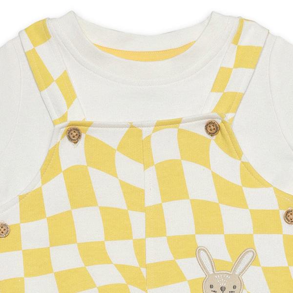 Mini Cuddles Baby Boys Checked Dungaree Set With Bunny Applique, Yellow