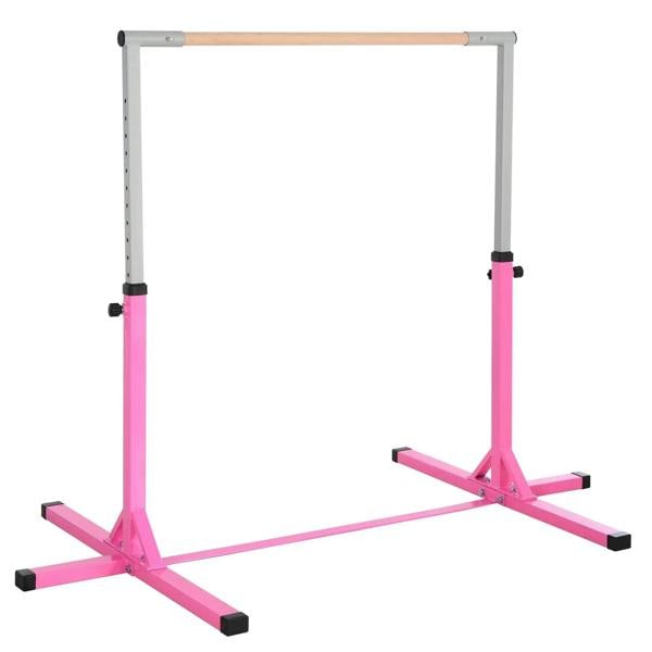 Pink height-adjustable kids gymnastics horizontal bar with wooden grip and black feet