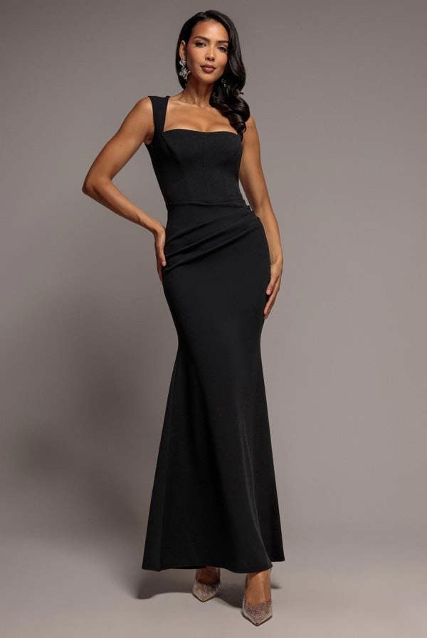 Sleeveless Waist Pleated Scuba Crepe Maxi Dress - Black DR5291