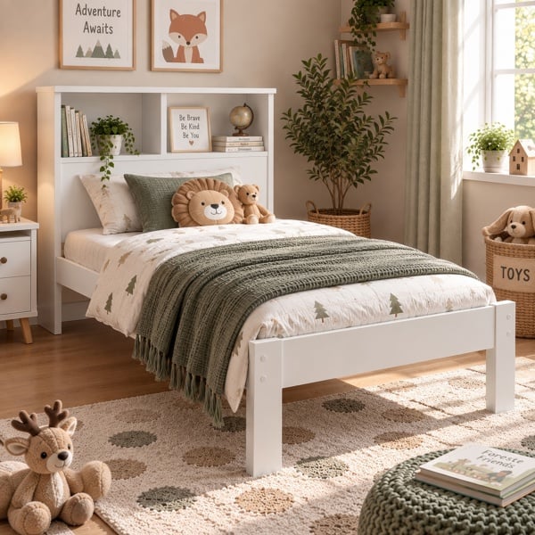 Maserri Easton Wooden Single Bed Frame with Shelf Headboard, White or Grey