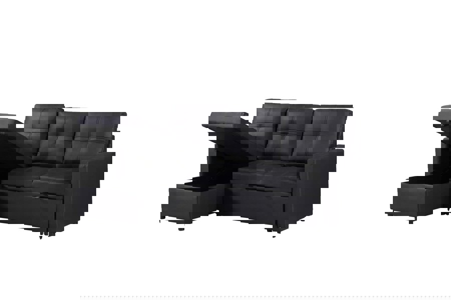 SQUAREBOXX Newport Leather 3 Seater Pullout Sofa Bed in Black with Storage Compartment