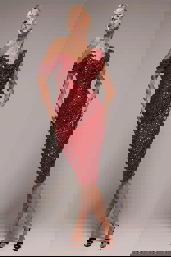 Sequin Cowl One Shoulder Midi Dress - Wine DR4529