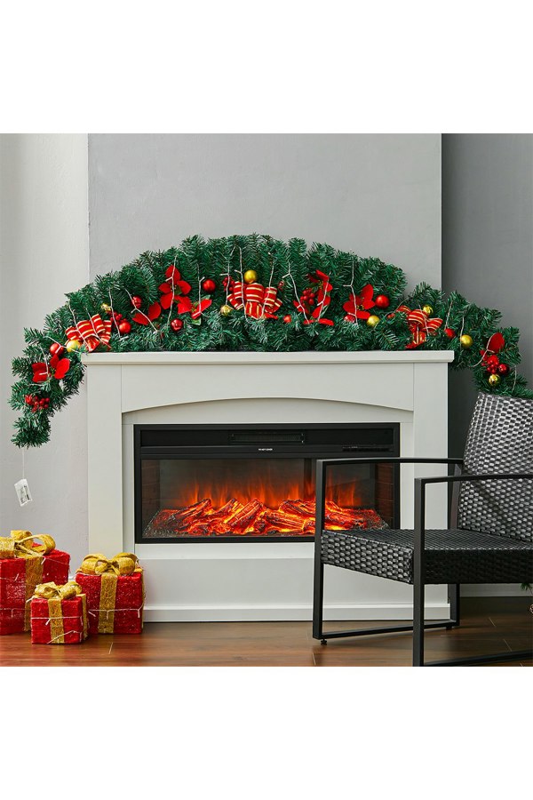 Living and Home 1.8m Artificial Christmas Swag with LED Light Bows Flowers Balls Decorative Swag Wreath for Front Door Fireplace