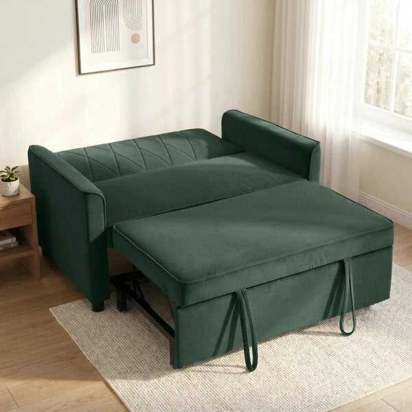 2 Seater Sofa Bed, 3-in-1 Convertible Pull Out Sleeper Sofa with Click-Clack Adjustable Backrest, Dark Green