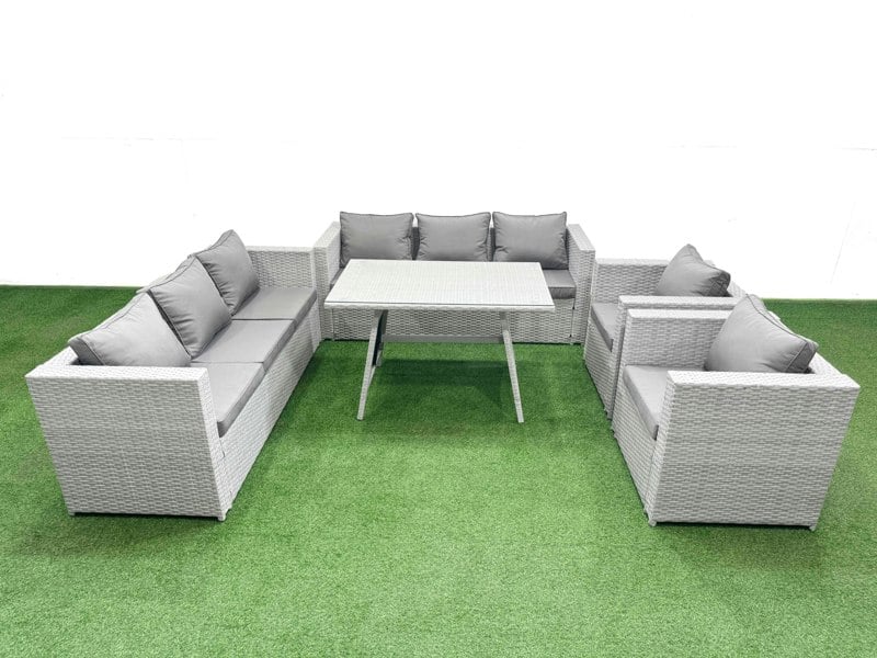Fimous 8 Seater Garden Furniture Set PE Ratten Garden Sofa Set with Rectangular Dining Table Light Grey