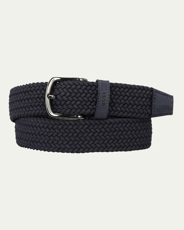 BOSS Orange Woven belt with leather trims - Dark Blue 401