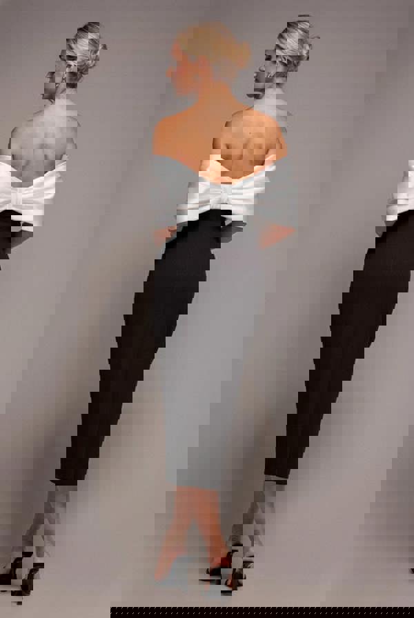 Contrast Off Shoulder Back Satin Bow Scuba Midi Dress - Black Cream DR4939