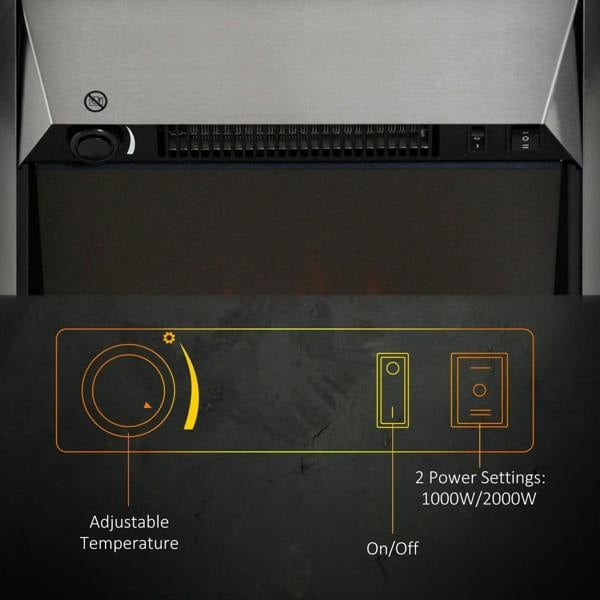 Stainless steel electric fireplace control panel with adjustable temperature and power settings