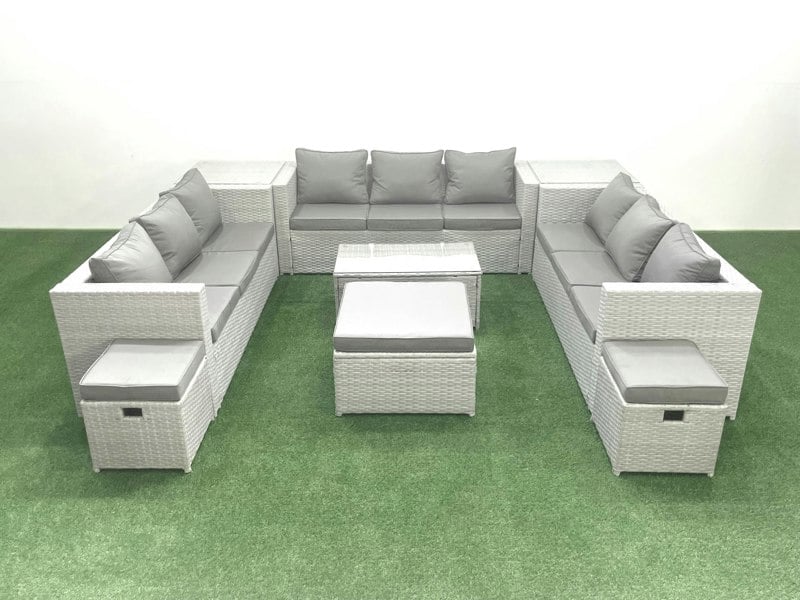Fimous Rattan Garden Outdoor Furniture Set 12 Seater Garden Sofa Coffee Table Set with 3 Footstools 2 Side Tables Light Grey Mixed