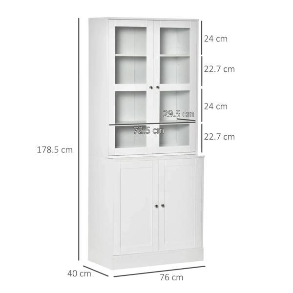 White bookcase cabinet with glass doors, adjustable shelves, and two lower doors