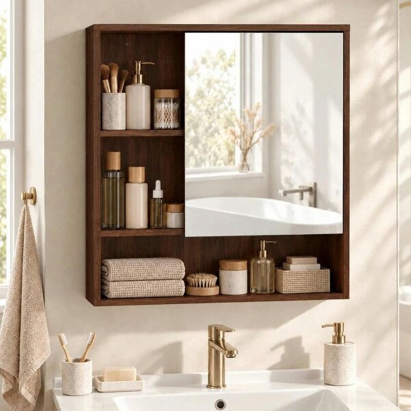 Bathroom Mirror Cabinet, Wall-Mounted Bathroom Cabinet with Mirror Door, Adjustable Shelves, Walnut Brown