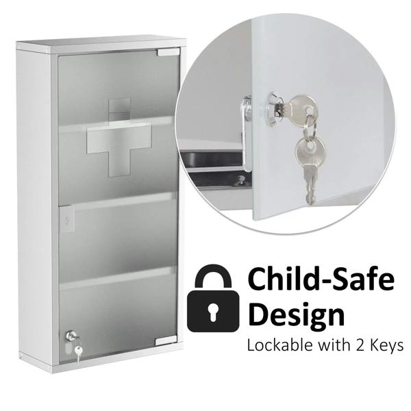 Lockable stainless medicine cabinet with frosted glass door, key cylinder and keys