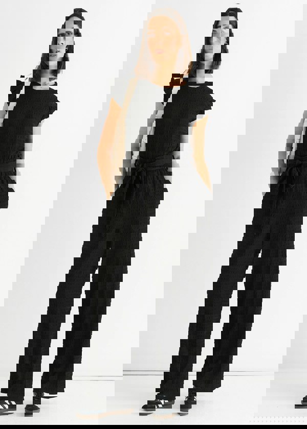 Gini London Black Stretch Texture Frill Elasticated Waist Jumpsuit