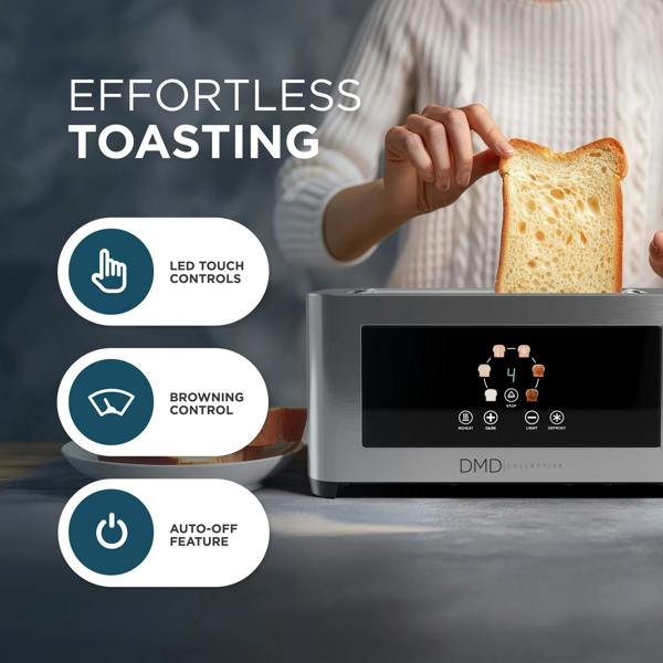 DMD Collective Touchscreen 4 Slice Long Slot Toaster Stainless Steel, 6 Browning Levels, Defrost Reheat & Cancel Functions, 1400W