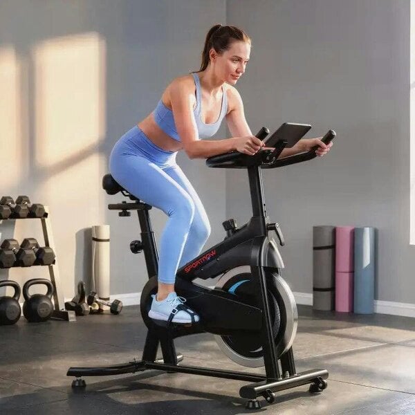 Exercise Bike, Indoor Stationary Bike with Smart APP, 0-100% Magnetic Resistance, Adjustable Seat & Handlebars, Wheels - Black