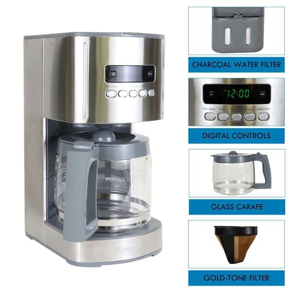 Kenmore 12-Cup Filter Coffee Machine 1.8L Programmable Timer Drip Coffee Maker Silver