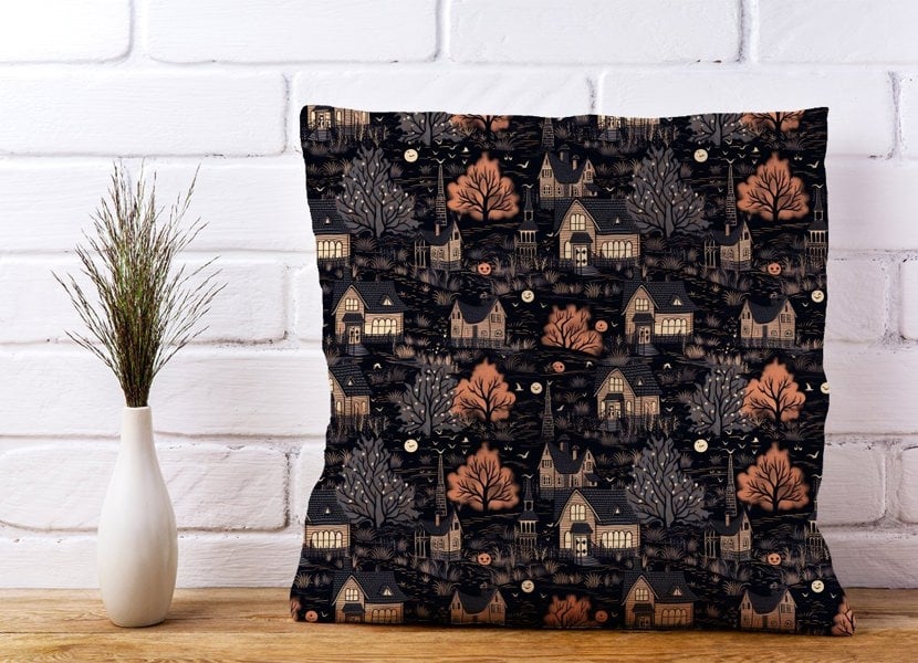 Warren Reed Spooky Haunted Houses Pattern Cushions