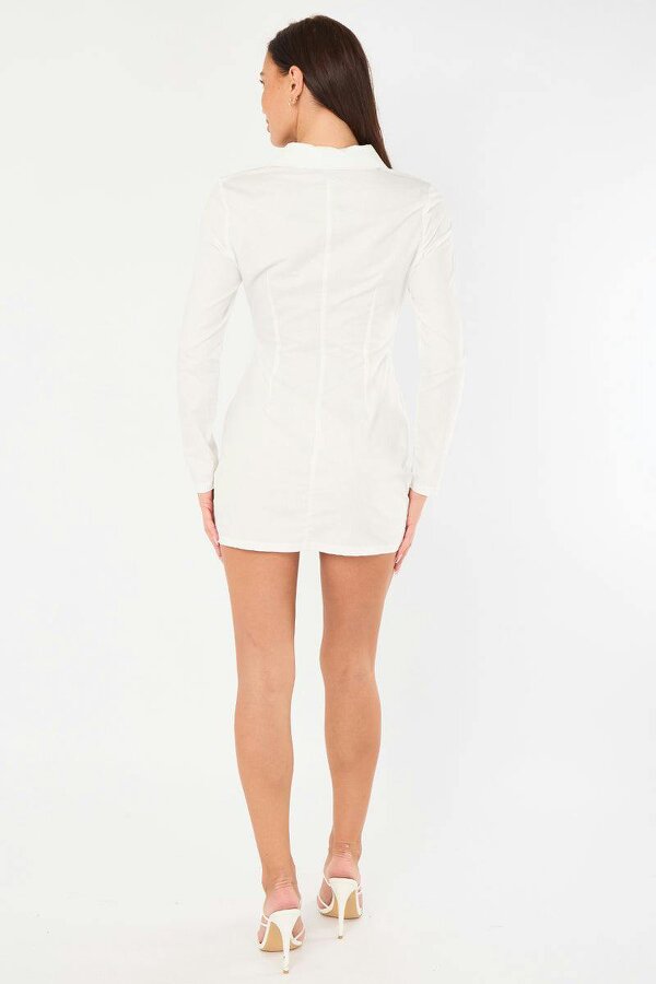 Ruched White Shirt Dress – Long Sleeve Button Fasten