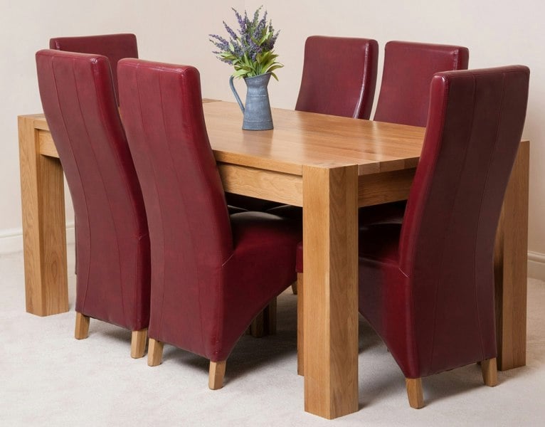 That's Furniture Kuba Large Oak Dining Table with 6 Lola Burgundy Leather Chairs
