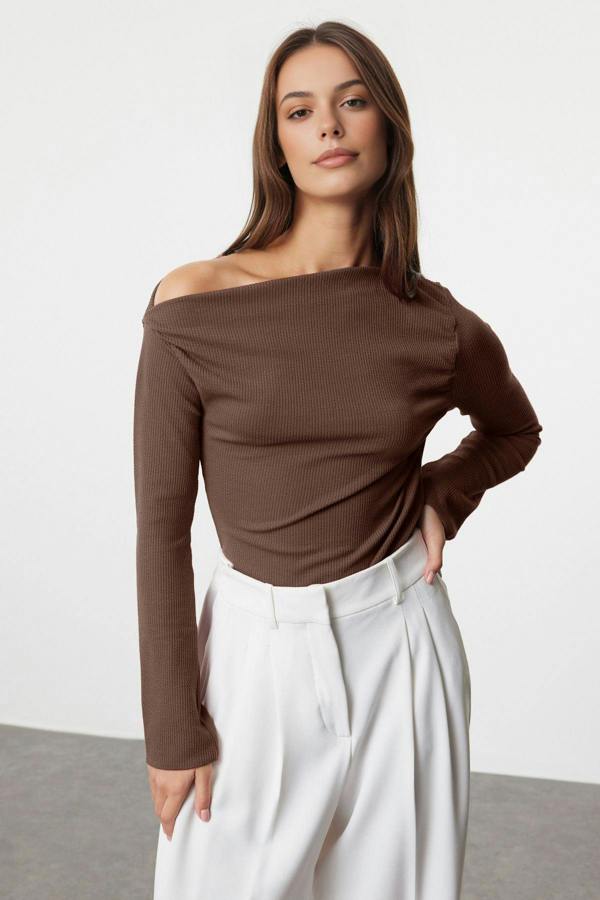 WOVCOR Draped Boat Neck Asymmetrical Long Sleeve Knit Blouse