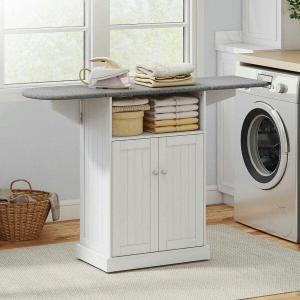 Ironing Board Cabinet on Wheels with Foldable Top, Mobile Storage Cabinet with Ironing Board, Open Compartment, White - White