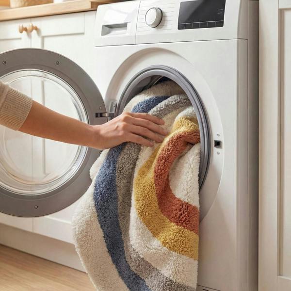 Person removing a colorful bath mat from a washing machine
