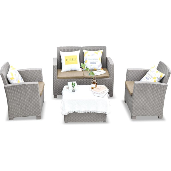 Homeology SANTANA 4 Piece PE Rattan 4-Seater with Cushions Garden Furniture and Coffee Table Set in Greige