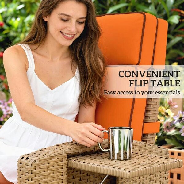 145° Reclining Rattan Armchair, with Footrest - Khaki/Orange