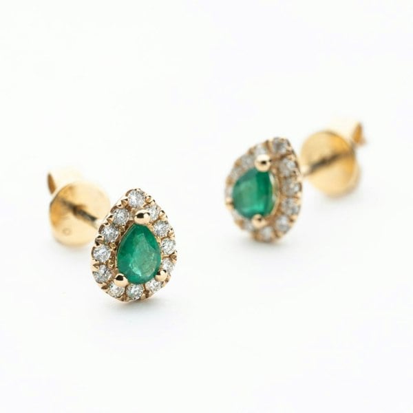 T. H. Baker 9ct Yellow Gold Pear Cut Emerald & 0.27ct Diamond Cluster Stud Earrings NTE409PEAR-EMD-9YG