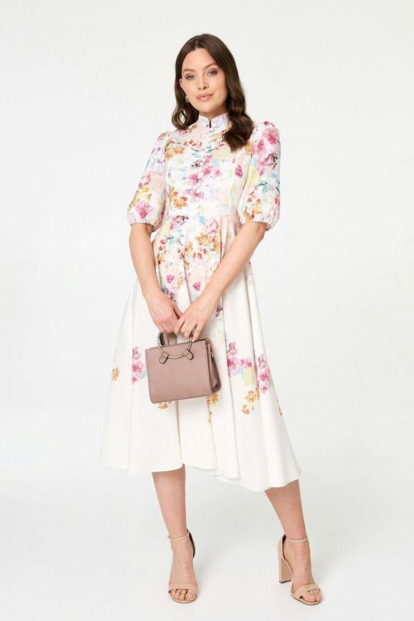 Cream | Floral 3/4 Sleeve High Neck Midi Dress
