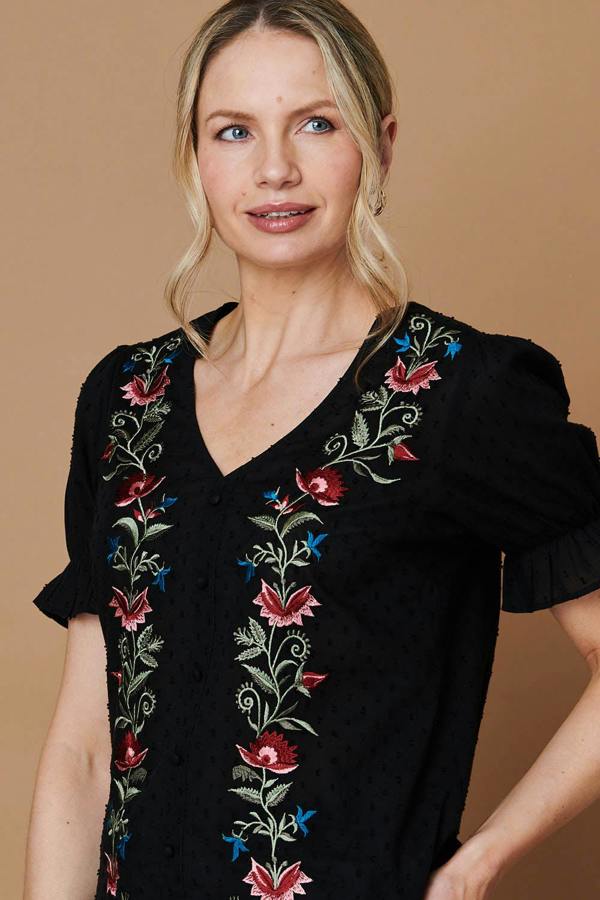 Black | Floral Embroidery Puff Sleeve Blouse