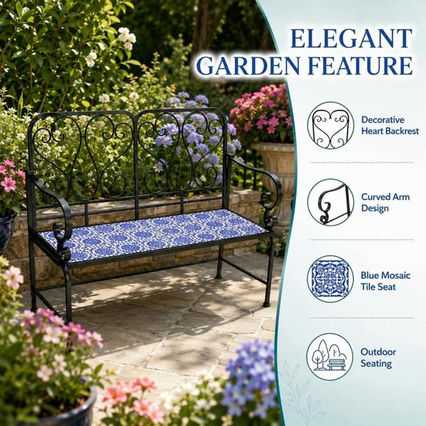 Porto Mosaic 2 Seater Garden Bench, 112cm Outdoor Patio Seat with Ceramic Tile Seat, Scrollwork Backrest & Metal Frame image 8