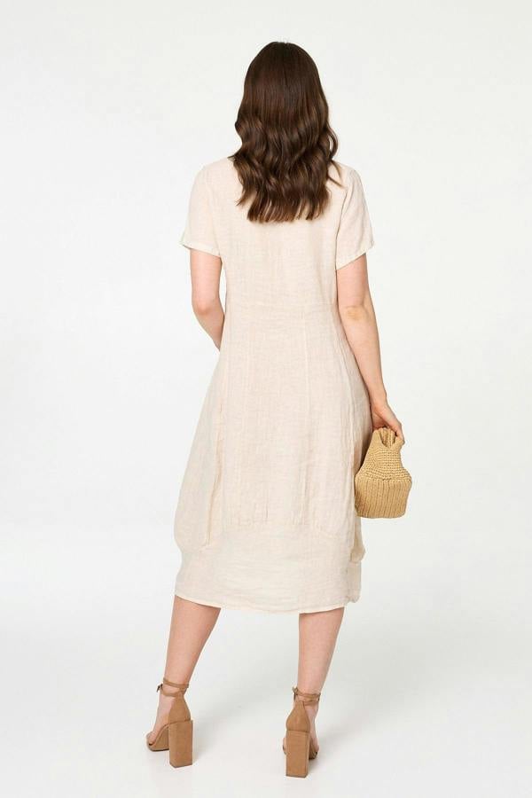 Beige | Short Sleeve Oversized Midi Shift Dress