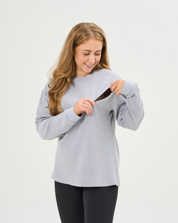 Pretty Mama Essential Ribbed Long-Sleeved Breastfeeding Top - Marl Grey