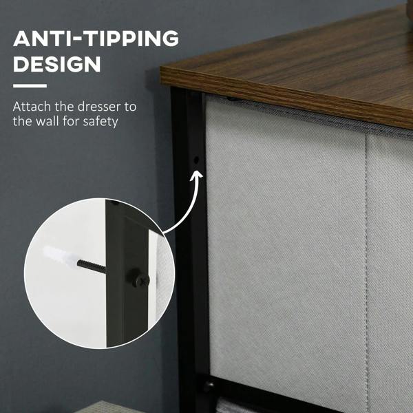 Anti-tip wall attachment and adjustable foot pad on the bottom of a grey fabric dresser