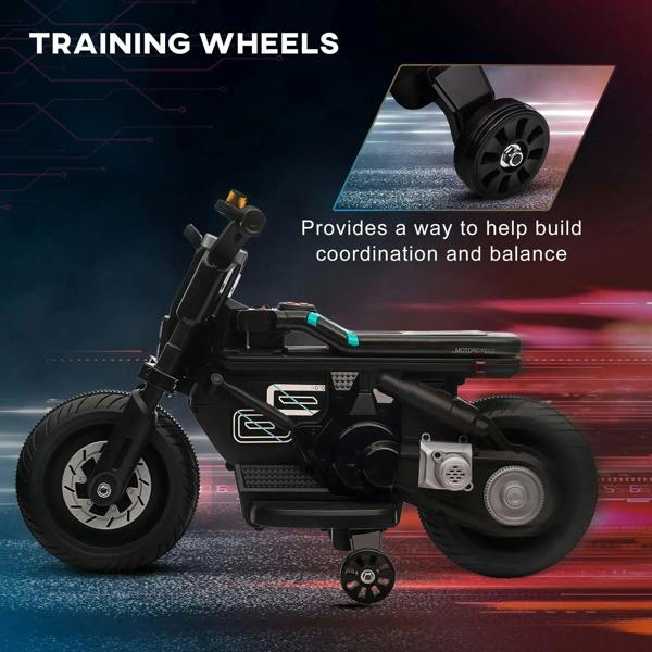 Black kids electric motorbike with training wheels and side-mounted horn speaker