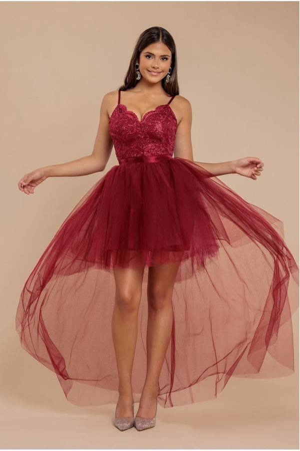 High Low Tulle Mini With Lace Bodice - Wine DR3061
