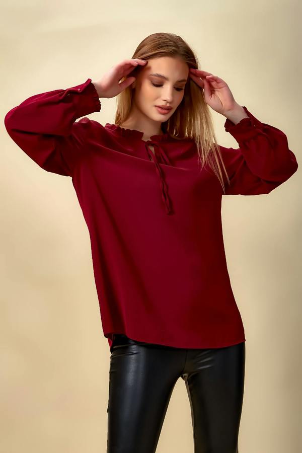 Hoxton Gal Oversized Tie Ruffle Neck Top in Burgundy