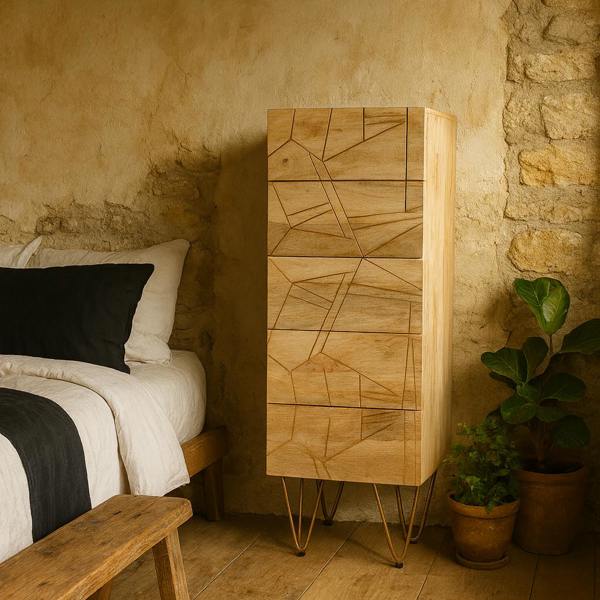 Wyld Haus Bali Light Natural Mango Wood and Gold Modern Tall 5 Drawer Storage Chest