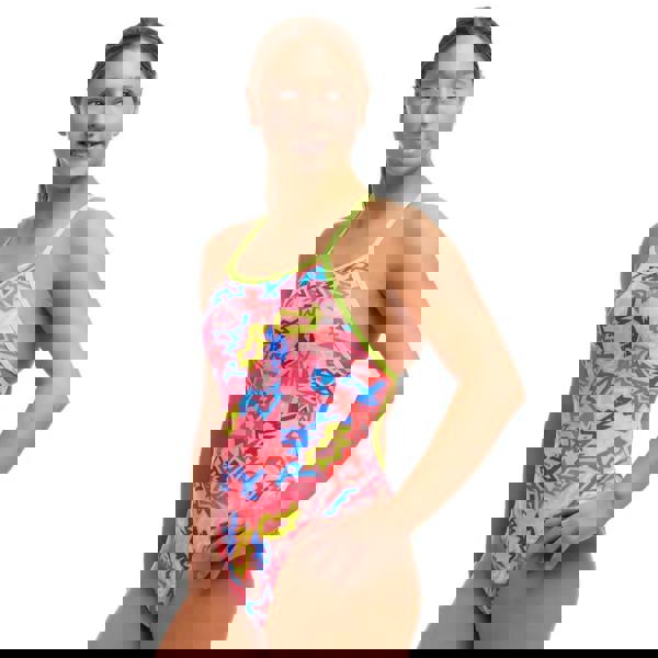 Funkita Girls Rock Star Single Strap Swimsuit in pink with blue camo and neon yellow trim by Under Armour