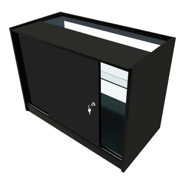 Theia LED Shop Counter Set in sleek black features a sliding door, glass shelves, and a modern design ideal for retail displays