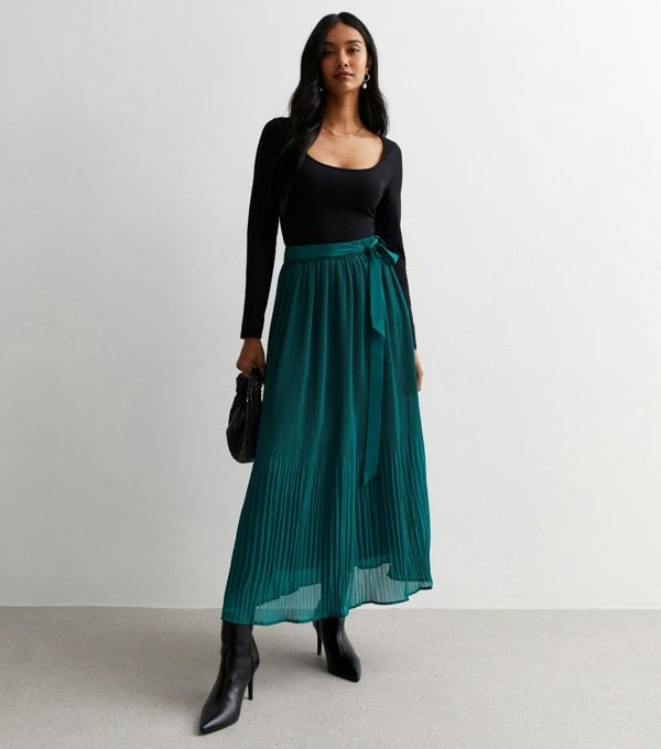 Gini London Green Pleated Belt Detail Midi Skirt