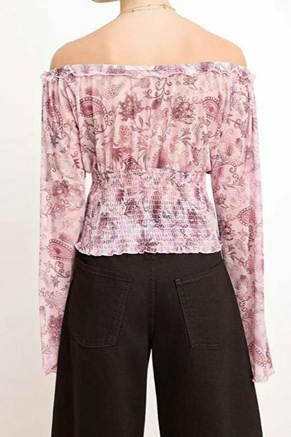 WOVCOR Shawl Pattern Fitted Scoop Neck Crop Tulle Knit Blouse