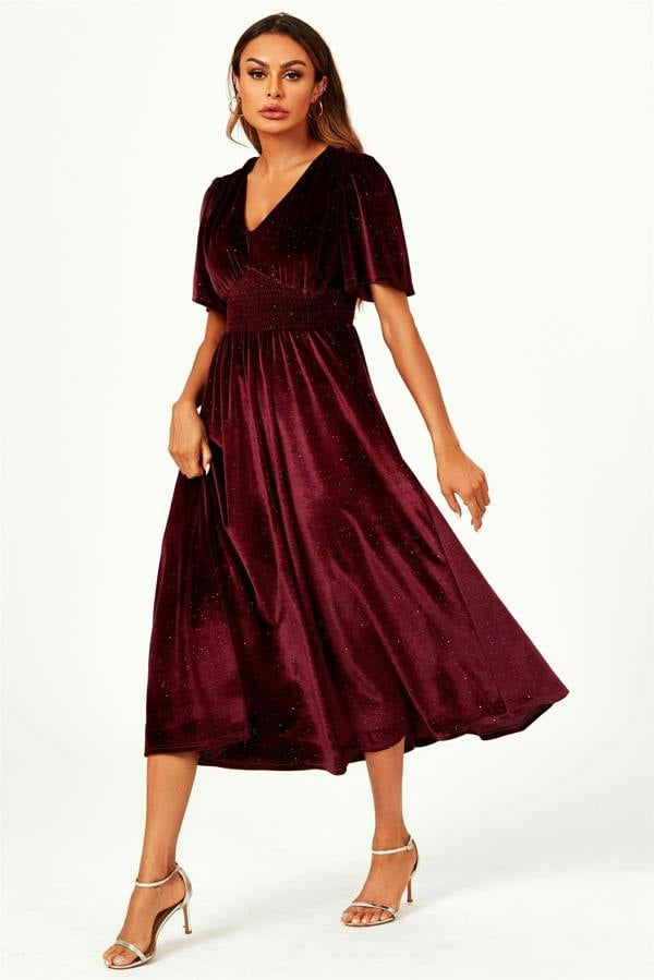 FS Collection V Neck Velvet Midi Dress In Wine