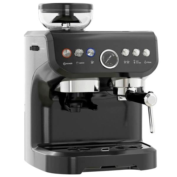 Black countertop coffee machine with adjustable grind, steamer, and control panel